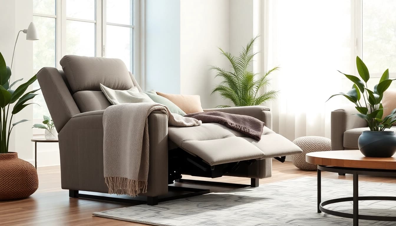 Cozy recliner sleeper chair showcasing its reclining feature in a beautifully lit living room.