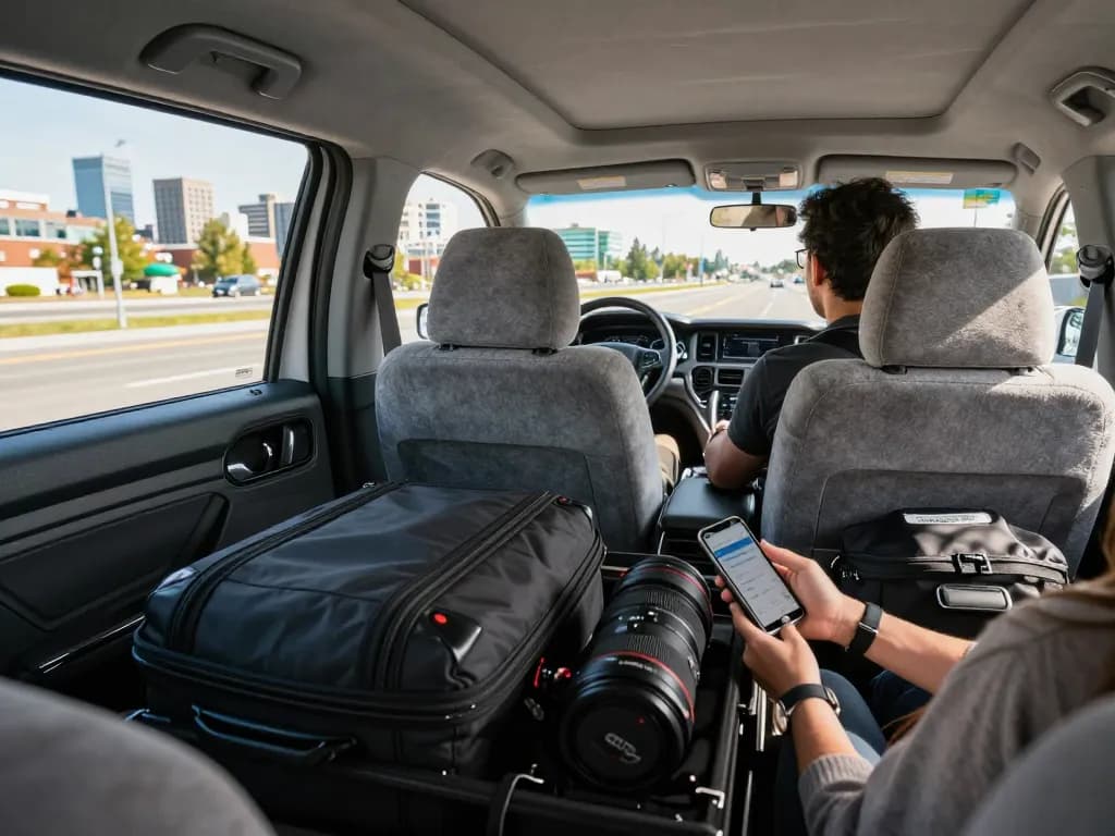 Affordable and comfortable ride in a cheap airport taxi, showcasing scenic views and luxurious interior.