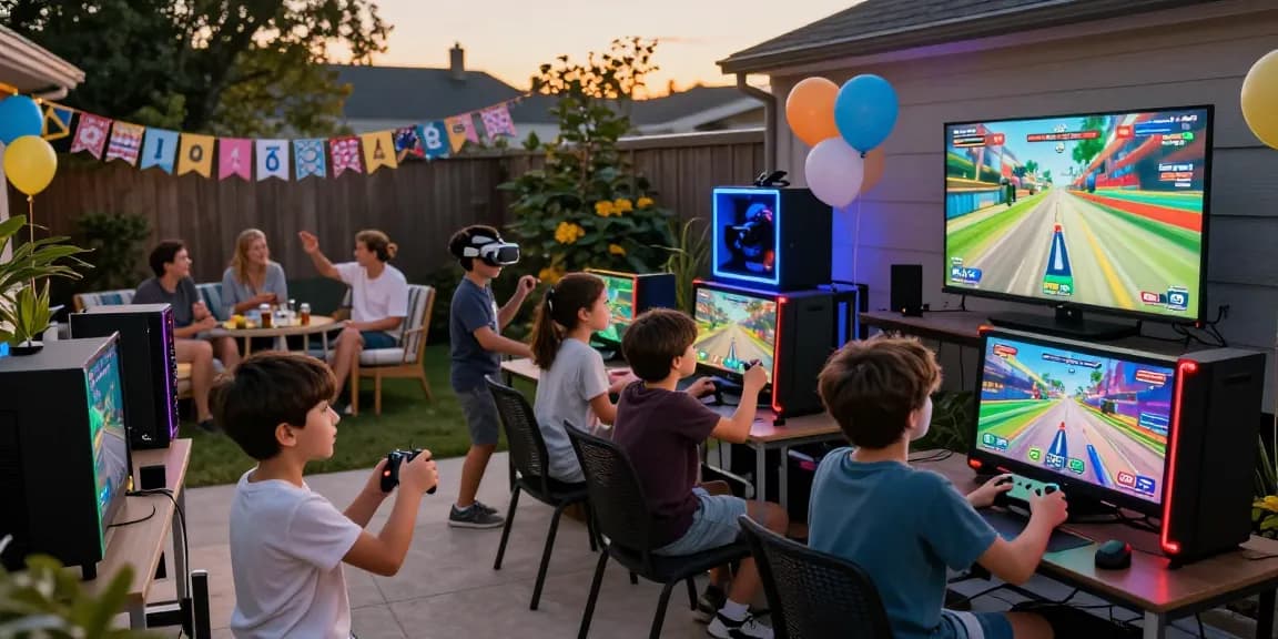 Exciting gaming party Kent with kids engaged in gaming competitions outdoors.