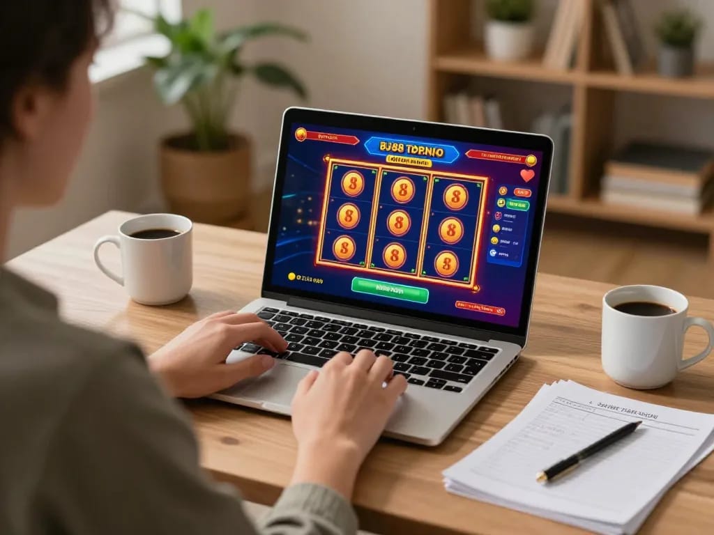 Engaged player using BJ88 online casino platform on a laptop in a cozy home office setup