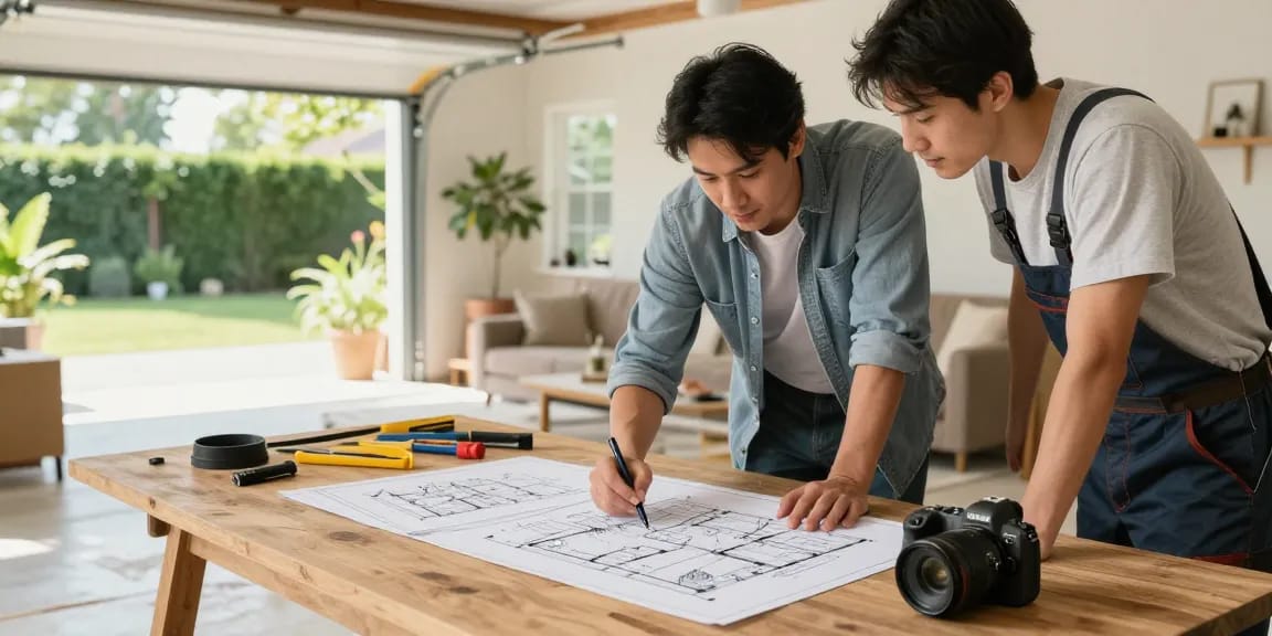 Garage conversion builder discussing design ideas with homeowner in bright modern space.