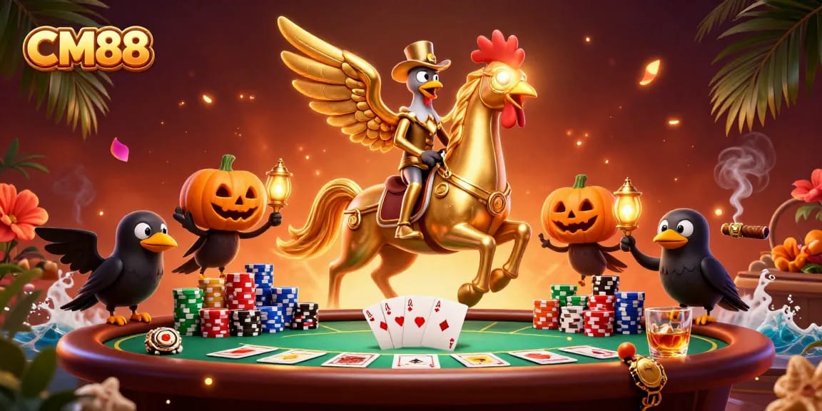 Experience CM88's unique gaming atmosphere with golden rooster characters and vibrant casino elements.