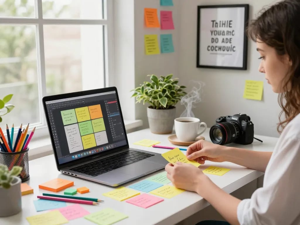 Designer showcasing custom sticky notes at a vibrant workspace desk with colorful stationery.