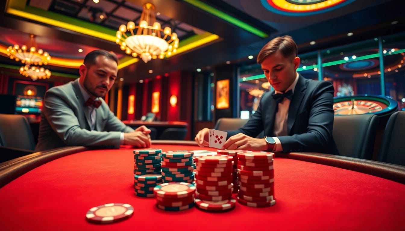 Play poker at RR88, featuring high-stakes chips and a luxurious casino ambiance.