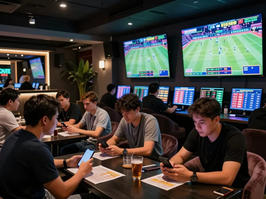 Hbet users actively engaging in live sports betting with mobile apps at a modern lounge.