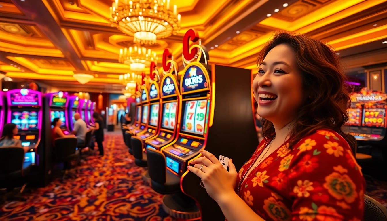 Players enjoying slot qris on vibrant casino machines with colorful chips and cards.