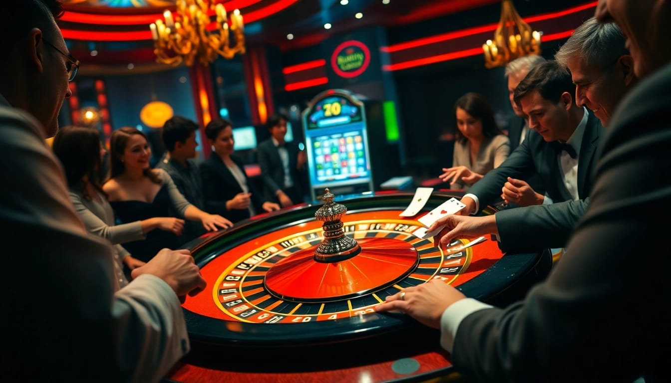 Kuwin players enjoying a thrilling roulette game at a vibrant casino.