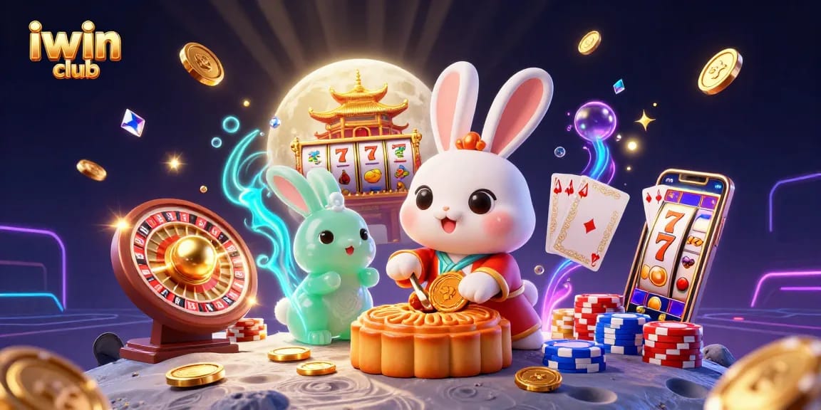 Engage with the vibrant scene of iwin club featuring a moon rabbit, slot machine reels, and casino excitement.