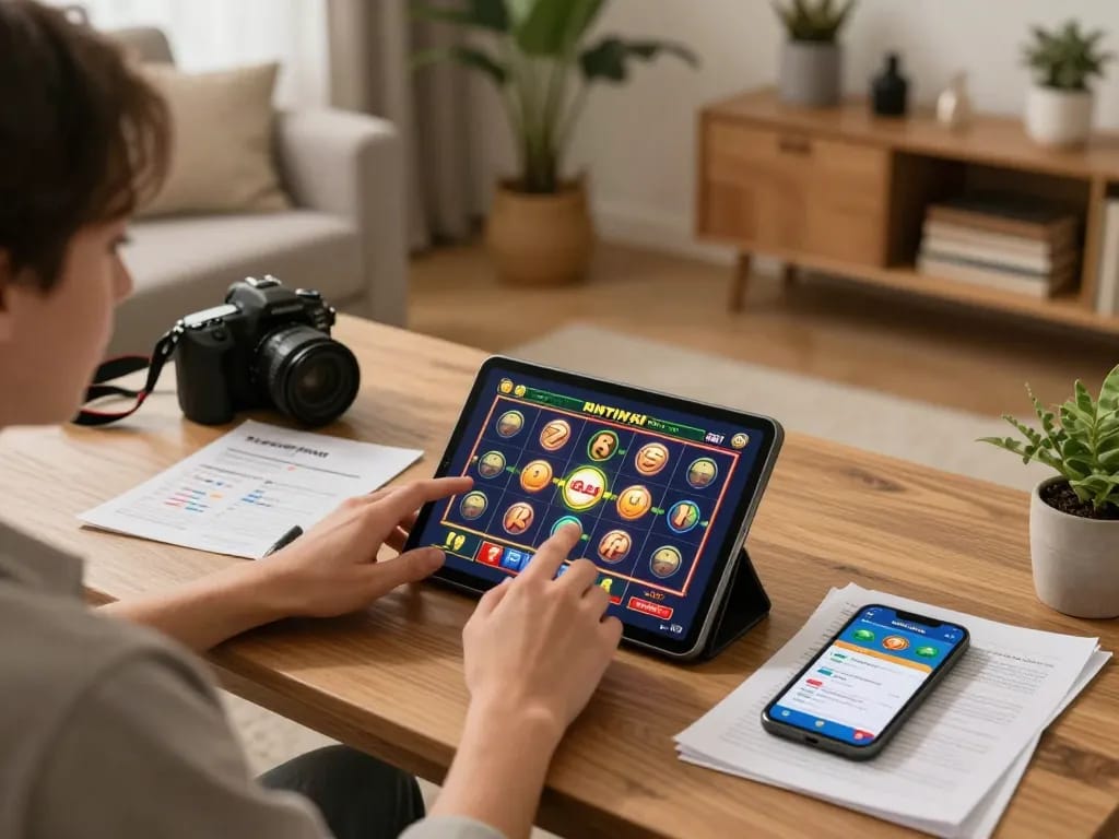 Engaging scene of a player enjoying Game nổ hũ uy tín on a tablet in a cozy home setting.
