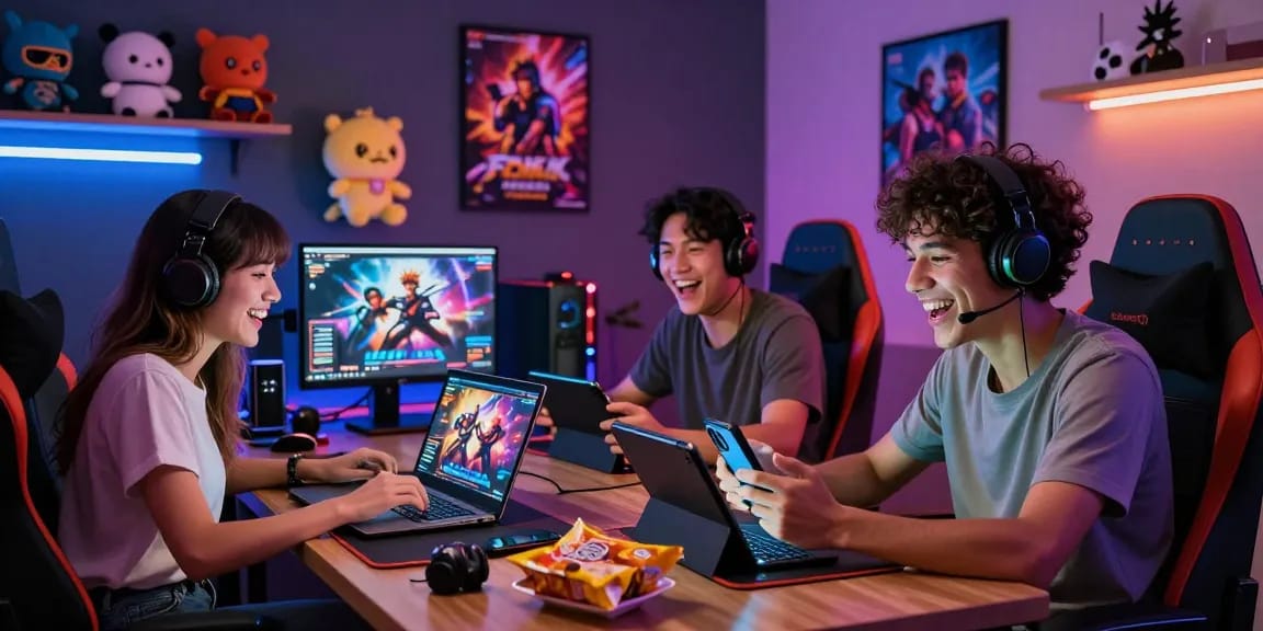 Gamers enjoying a vibrant gaming session, exploring online hentai games on laptop, tablet, and smartphone.