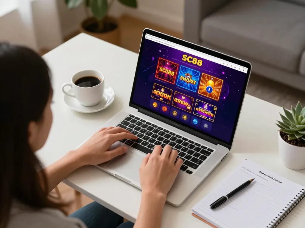 Engaging in SC88 online gaming with a laptop interface showcasing vibrant casino options.