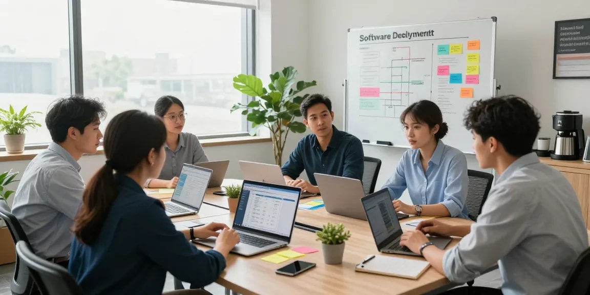 Team using RTIscheduler for project management in a bright office setting.