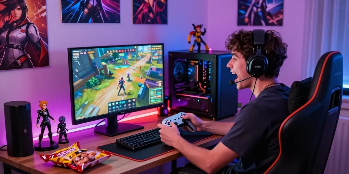 Excited player engaging in a thrilling real hentai game with vibrant gaming setup, LED lights, and high-tech gear.