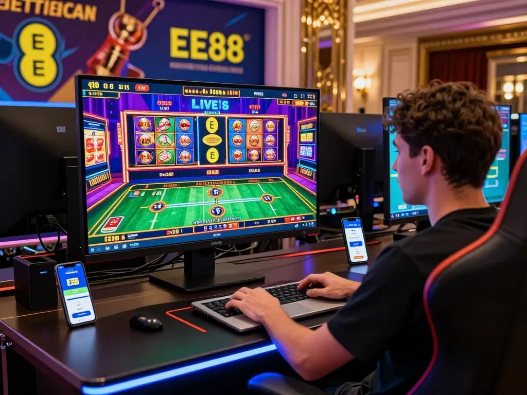 Experience the excitement of EE88 with vibrant gaming setup and live casino.