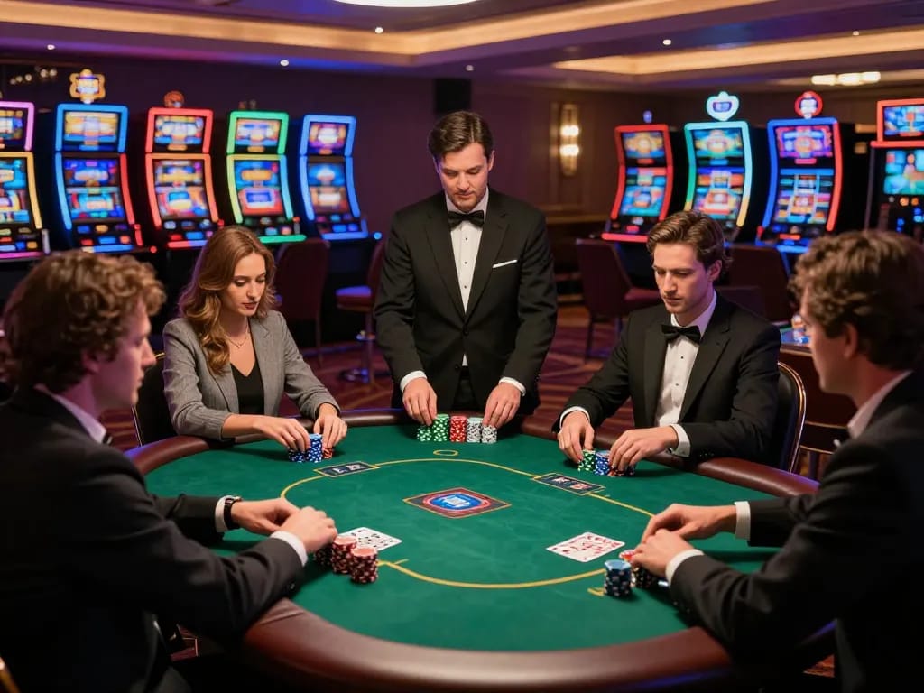 Joseph is winning at nhà cái bl555 poker table, surrounded by excited players and vibrant slot machines.
