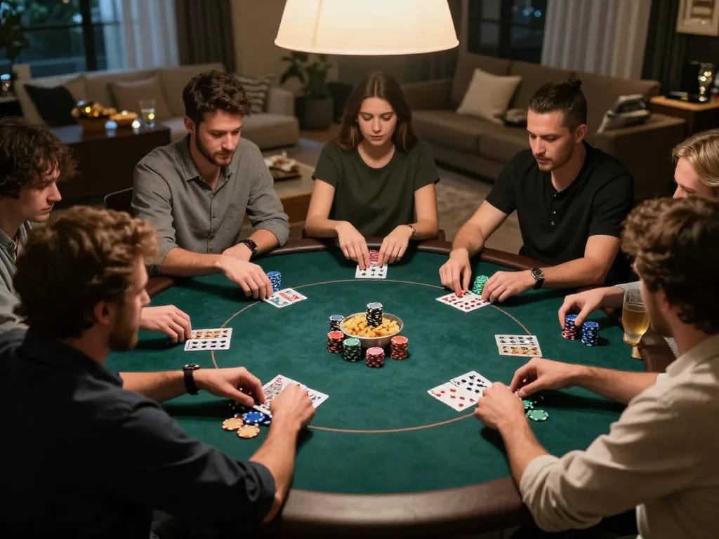 Players engage in a thrilling poker night at home, showcasing nhà cái uy tín Sunwin strategy and fun.