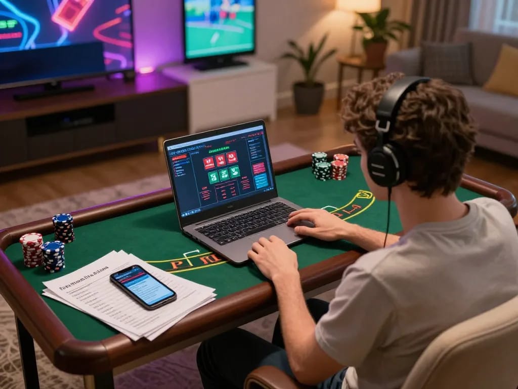 Player engaging in live dealer blackjack at home using 789beta2, showcasing a cozy gaming setup