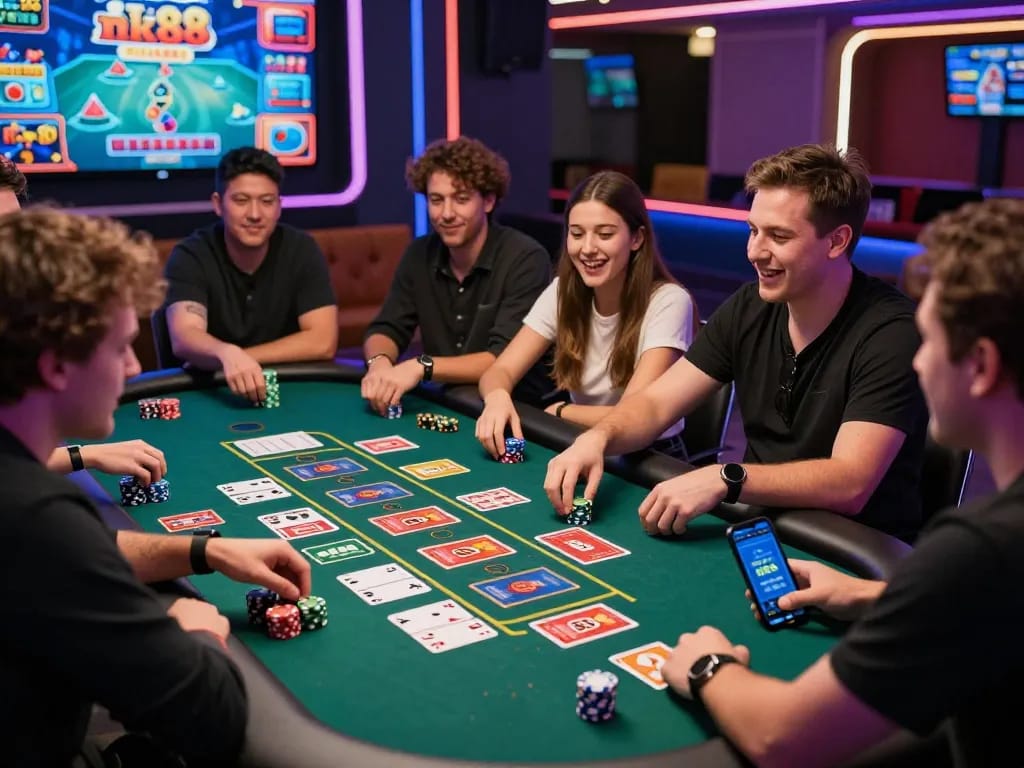 Exciting nk88 online casino gaming scene with friends enjoying a live dealer game.