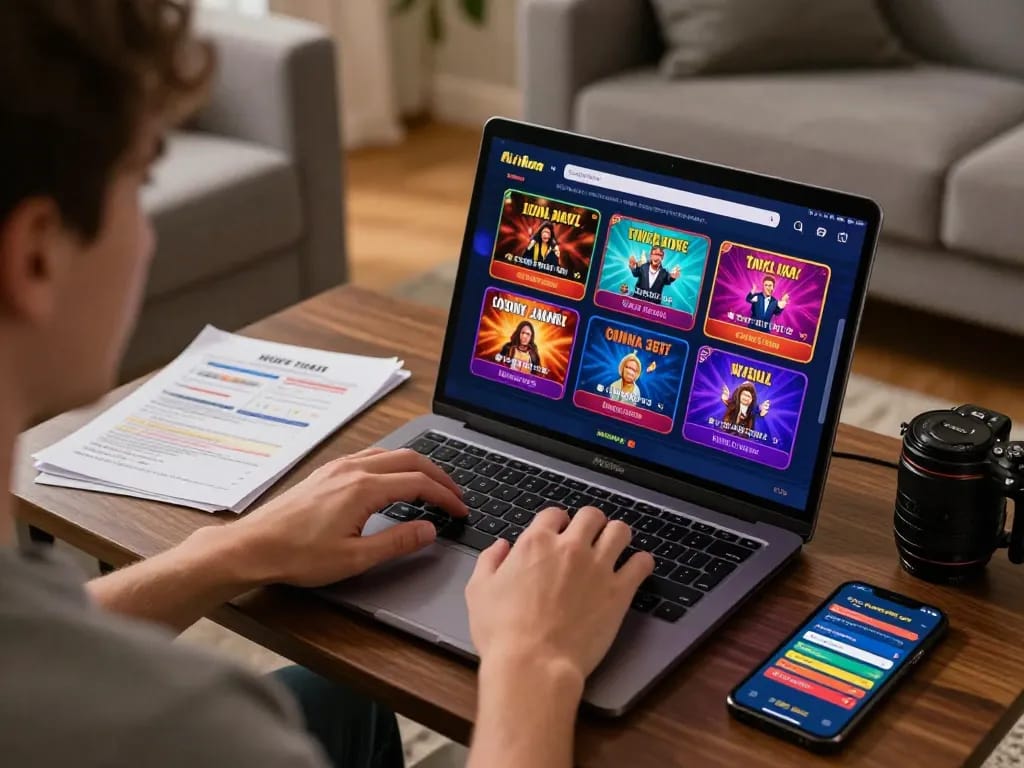 Player engaging in online gaming at DH88 on a laptop, showcasing a vibrant casino interface.