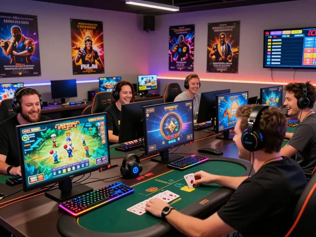 The lively gaming scene at https://canpack.gb.net/ showcasing players enjoying Tiến Lên and Poker in a vibrant online casino environment.