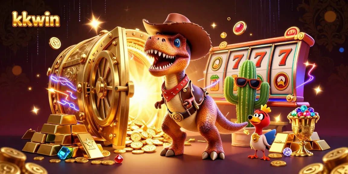 Experience vibrant gaming action at kkwin with a dynamic cowboy dinosaur illustration.