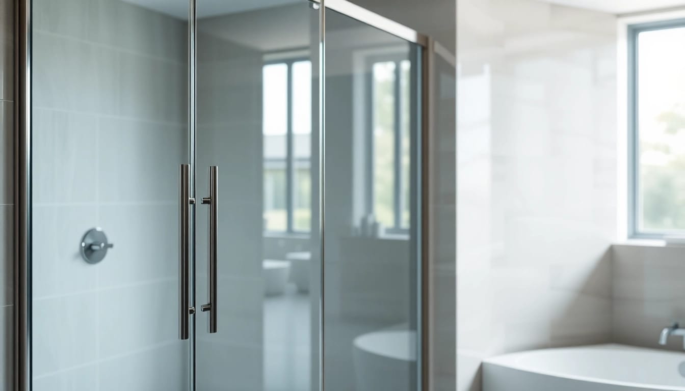 Show elegant shower doors featuring sleek glass and modern design placed in a stylish bathroom.