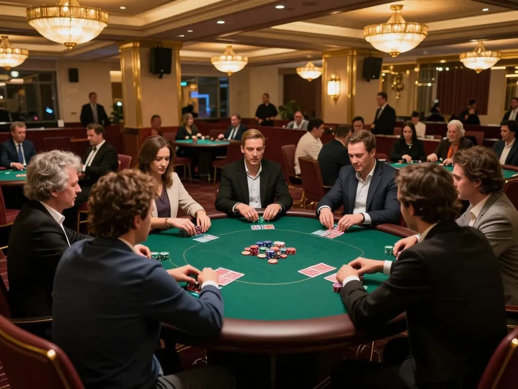 Players engaging in high-stakes poker game at g28 com casino floor, vibrant atmosphere showcasing strategic gameplay.