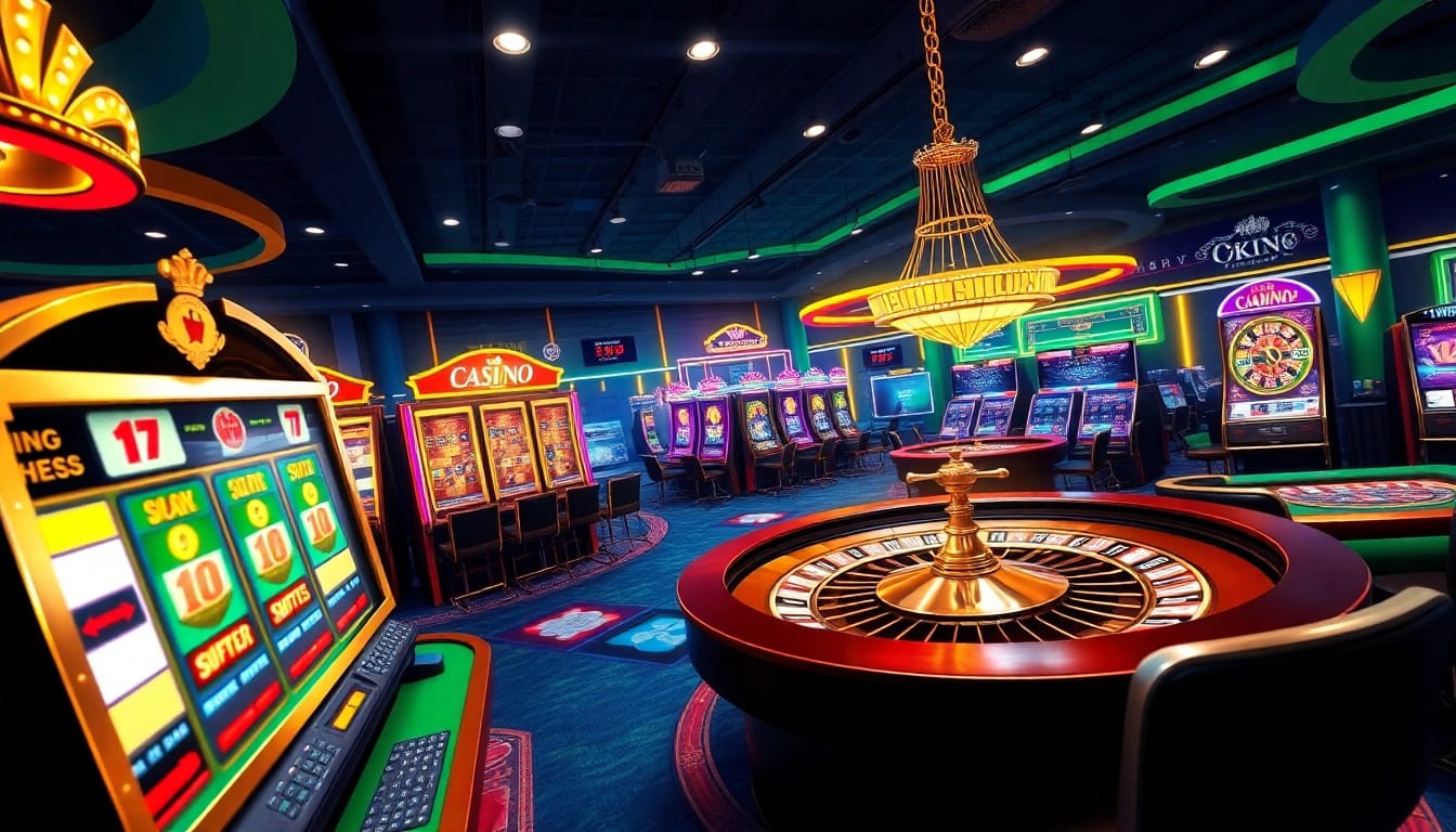 Experience the thrill of okfun games at an upscale casino, featuring vibrant slot machines and poker tables.