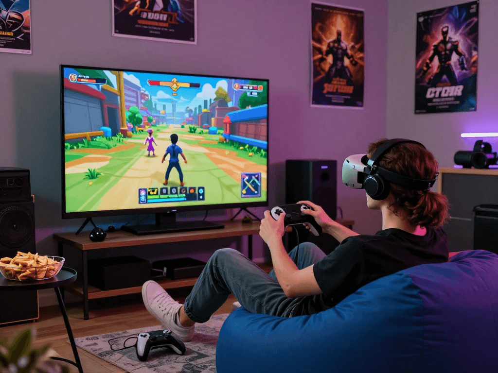 Gamer enjoying immersive AI porn games on a large screen in a cozy room.