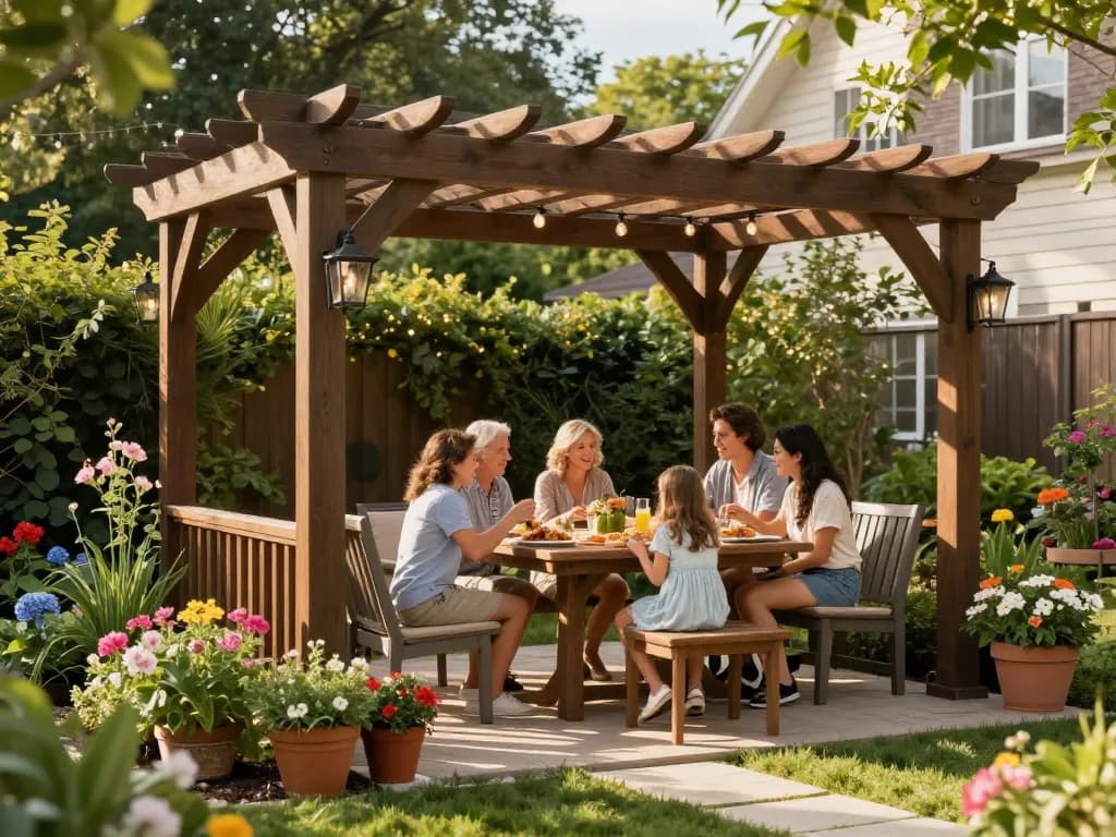 Enjoying summer meals under a beautiful 3D pergola in the garden
