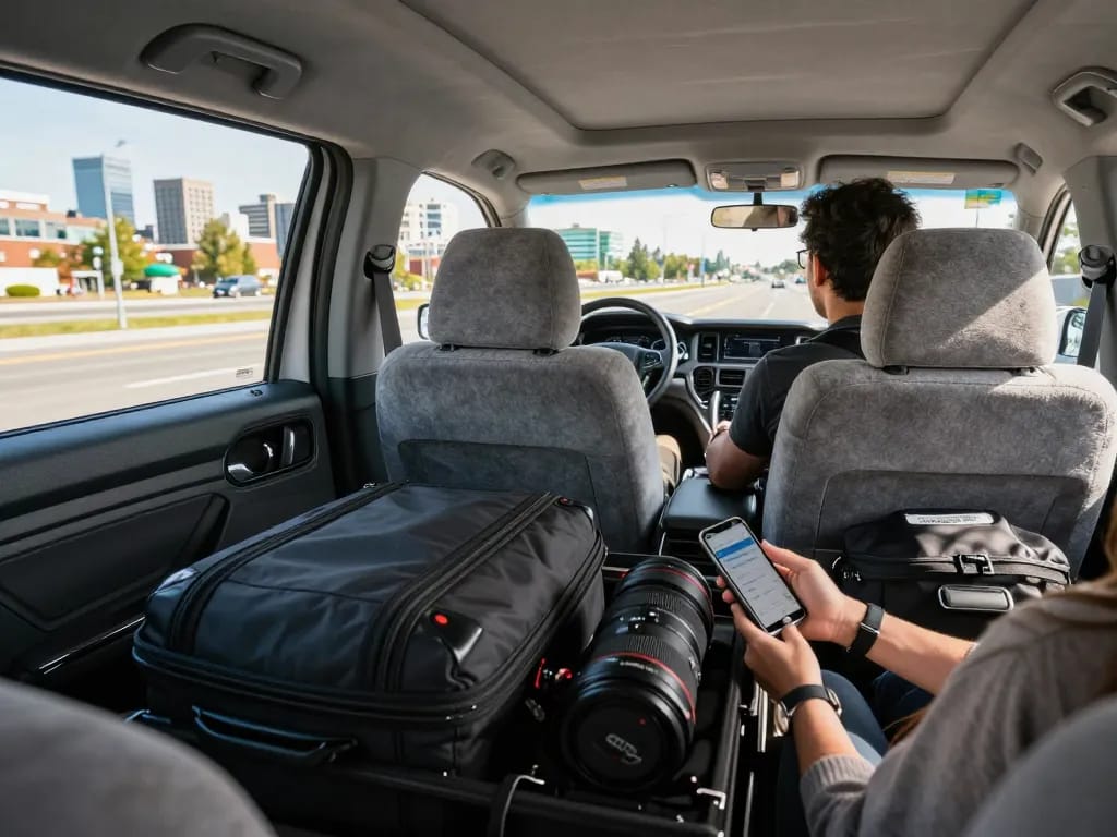 Affordable and comfortable ride in a cheap airport taxi, showcasing scenic views and luxurious interior.
