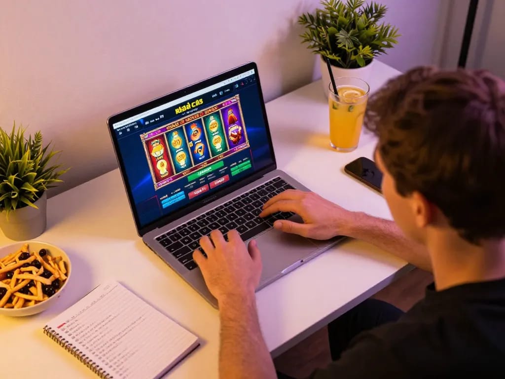 Engaged player using the nhà cái lv88 platform on a laptop for strategic online gaming experience with casino graphics.