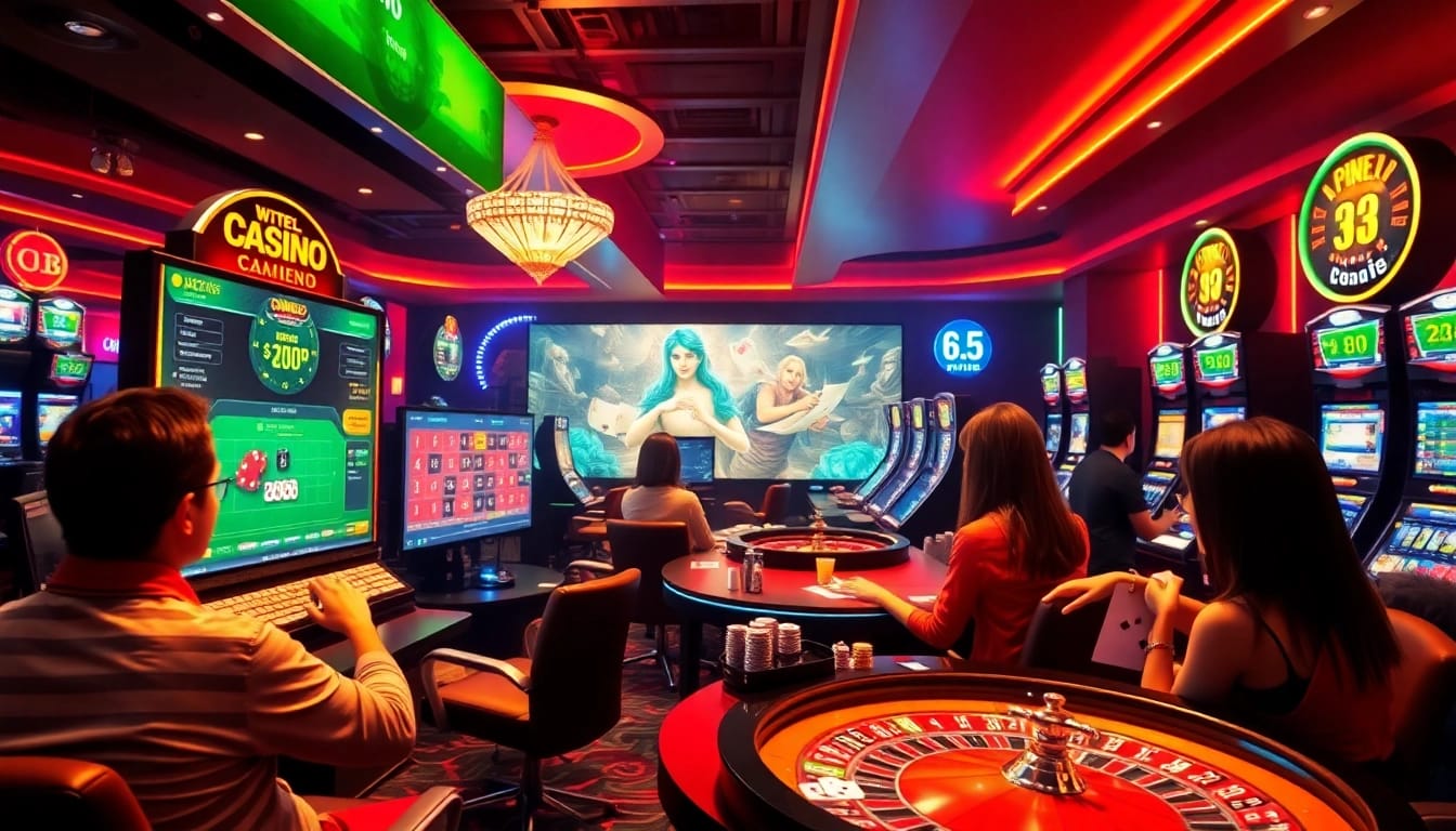 Dynamic online casino scene showcasing ev88win.live with engaging players, vibrant lighting, and exciting gaming options.