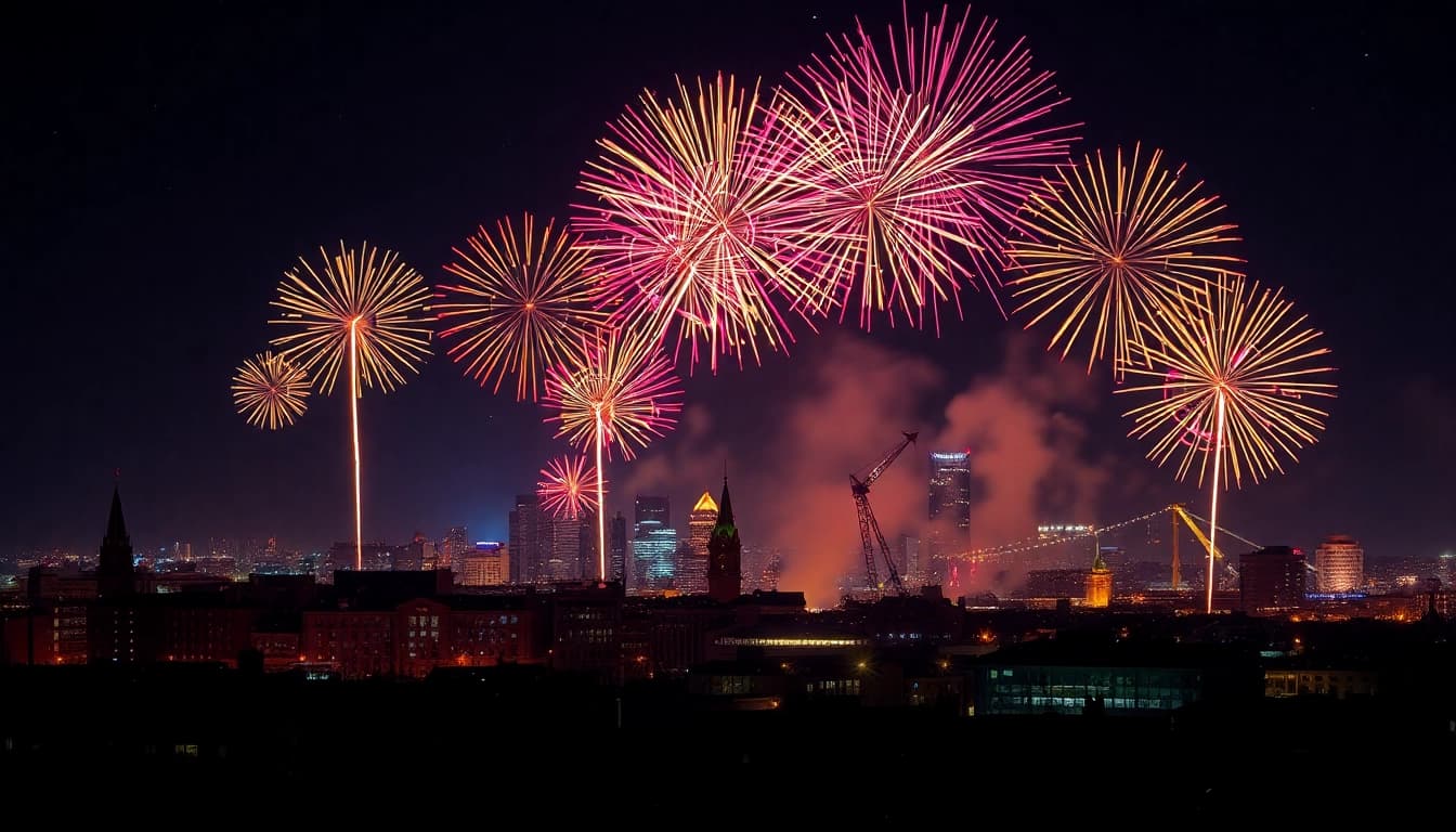 Buy fireworks Manchester with a dazzling display over the city skyline at night.