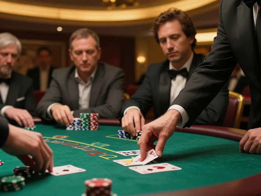 Players engaging in an intense blackjack game at SC888 casino table, with dealer dealing cards and chips stacked, strategic atmosphere