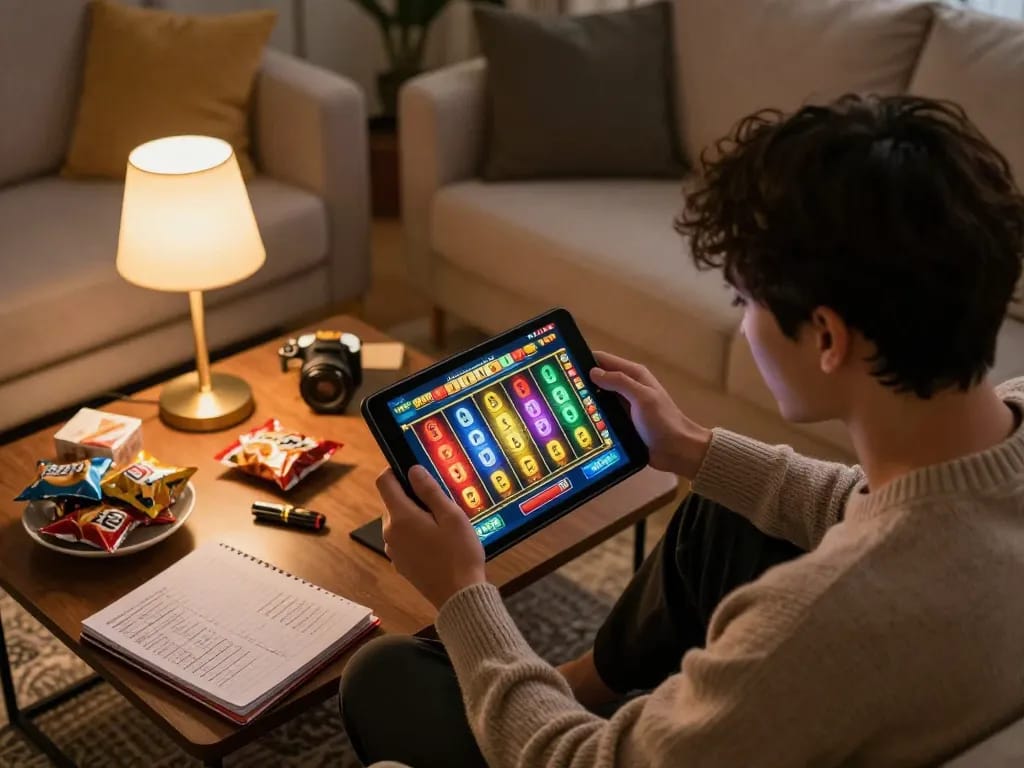 Nổ hũ player engaged in slot game on tablet in a cozy living room setting, emphasizing strategic gameplay.