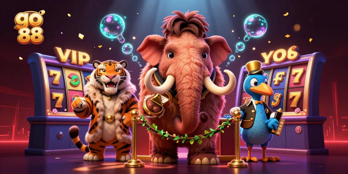 Experience the vibrant go 88 casino scene featuring a woolly mammoth bouncer and slot reels.
