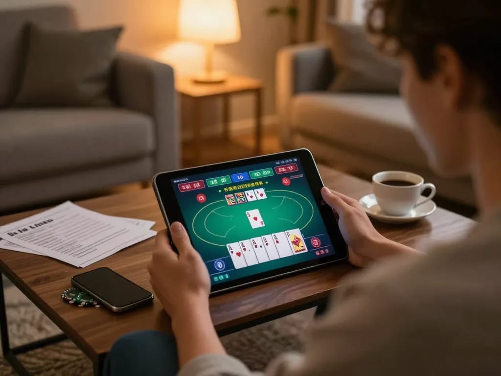 Engaged in online gaming at uu88 trang chủ, a player analyzes poker strategies comfortably at home.