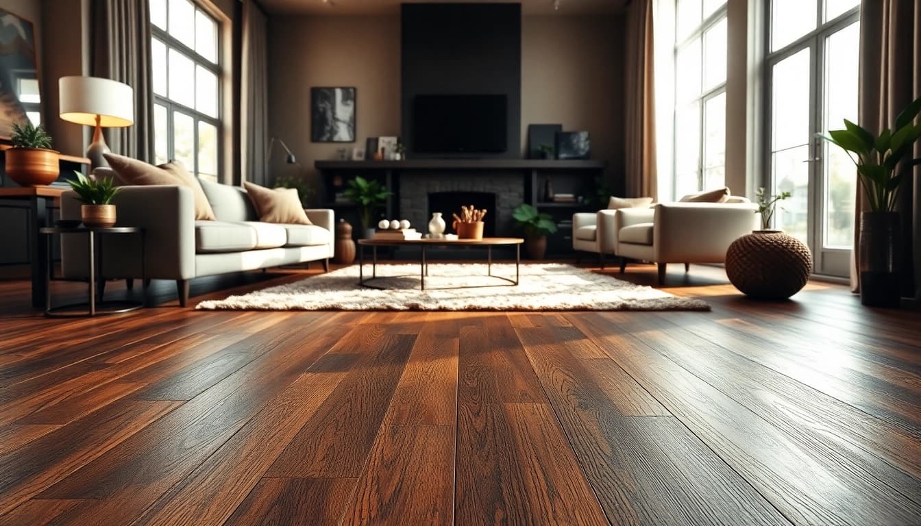 Beautiful living room showcasing vinyl plank flooring in a cozy, modern setting.