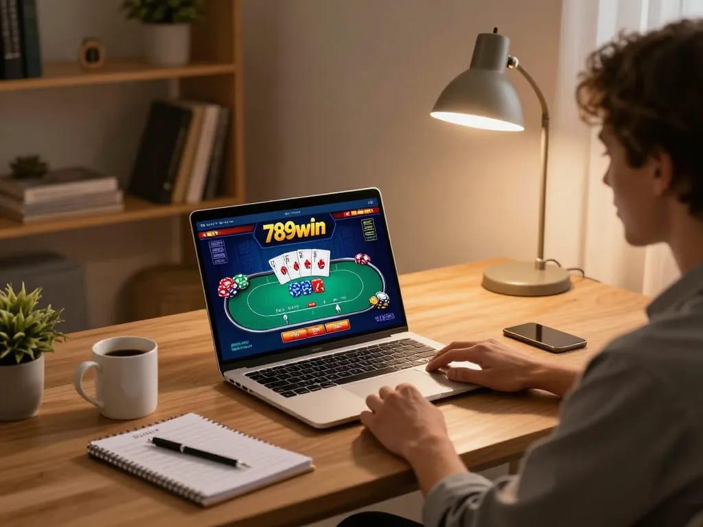 Enjoying poker gameplay at 789win casino from a cozy home office setup.
