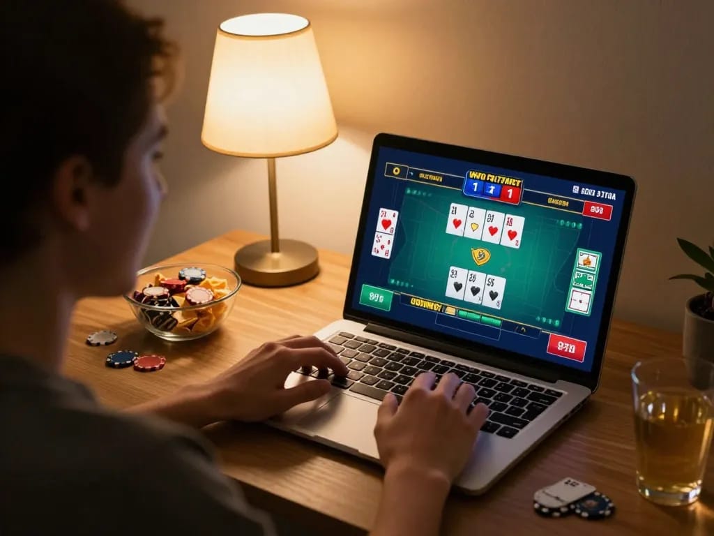 Experience strategic online gaming at TR88 with vibrant poker action on a cozy home setup.