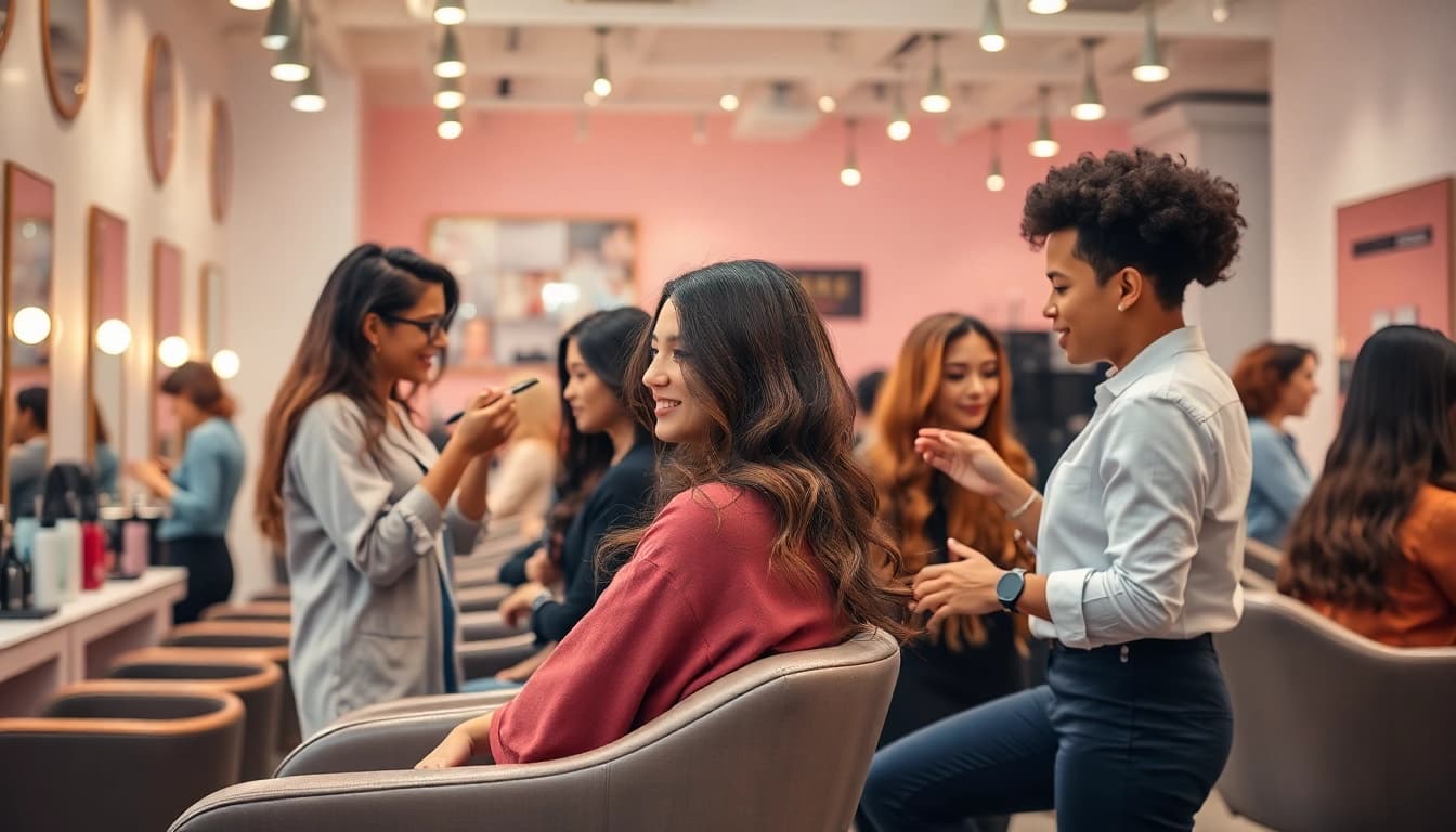 Professional hair salons showcasing skilled stylists creating stunning hairstyles in a luxurious setting.