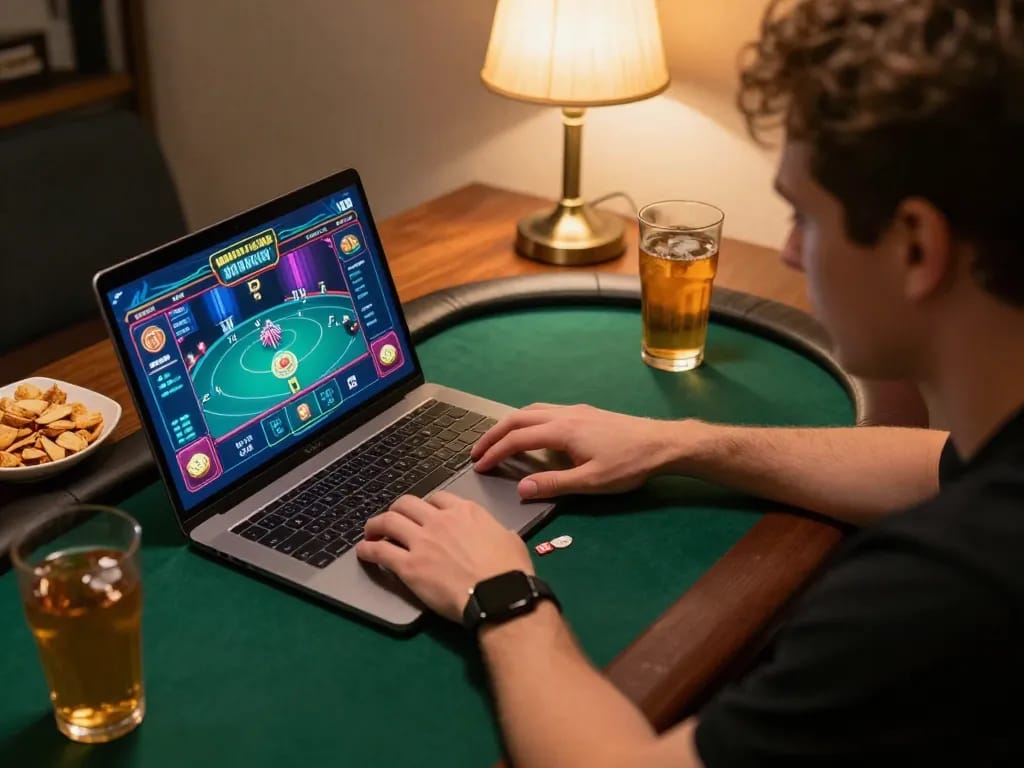 Player engaging with tr88 online poker game on laptop, cozy home setting with snacks