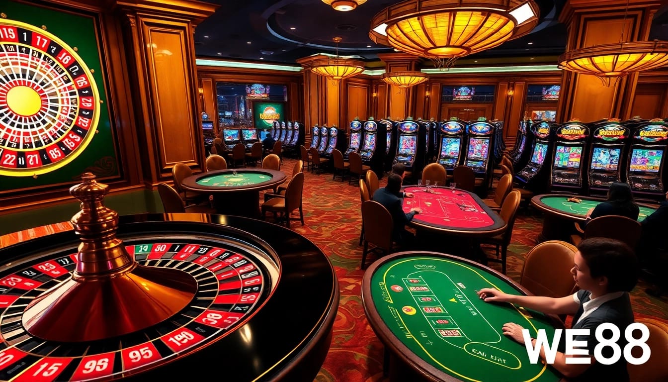 WE88 online casino scene showcasing engaging roulette, poker, and slot games.