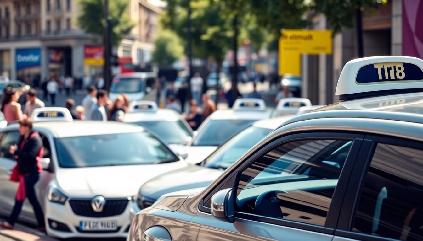 Minicabs lined up at a busy street corner, showcasing convenience and urban transportation.