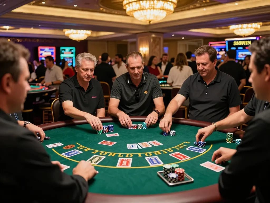 Players engaging in exciting hands of blackjack at 555 WIN casino floor, showcasing strategic gameplay and vibrant atmosphere.