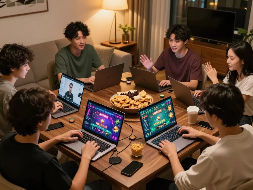 Friends enjoying game bài đổi thưởng during a video call, showcasing an interactive online gaming experience