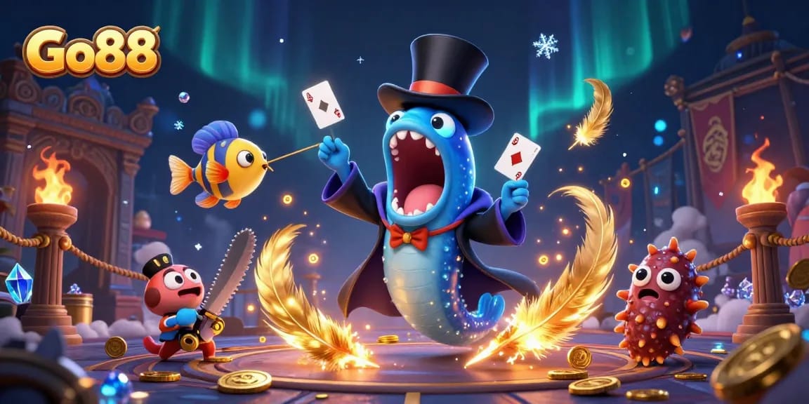 Engaging Go88 online casino action featuring vibrant bioluminescent sea creatures performing magic tricks amidst dynamic gambling elements.