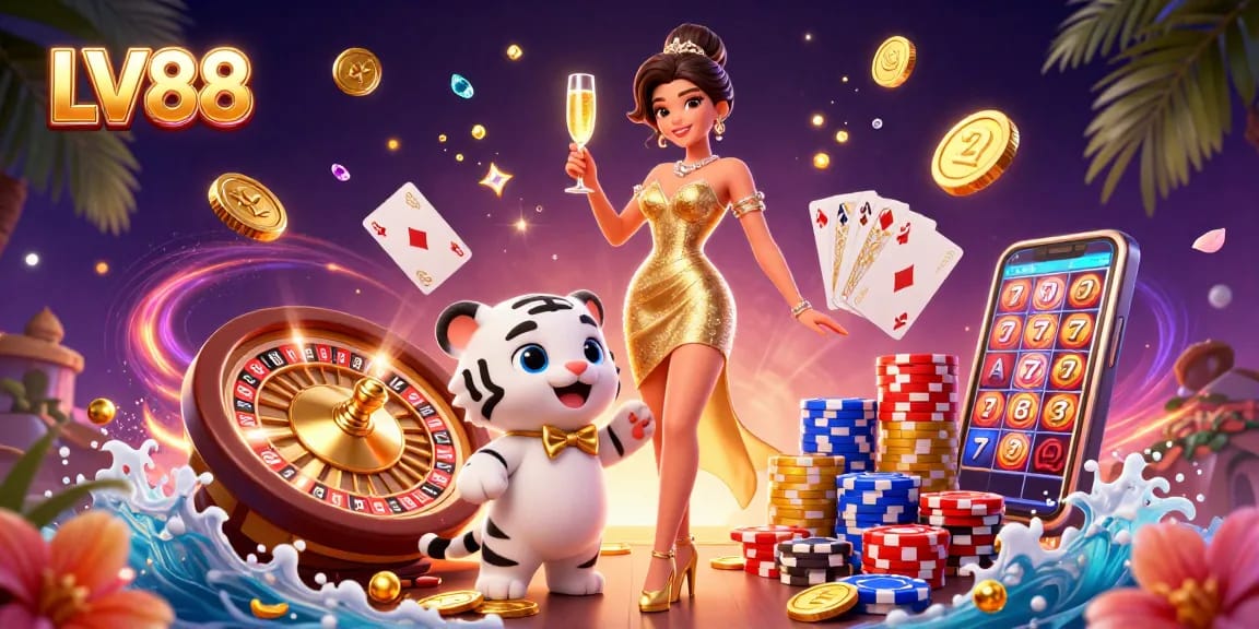 Experience LV88's vibrant gaming landscape with a glamorous character and cartoon tiger cub.