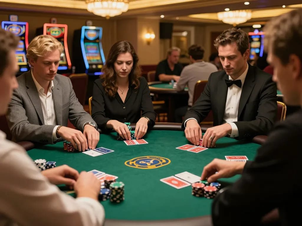Players strategizing at a TR88 poker table, showcasing high stakes and competitive atmosphere.